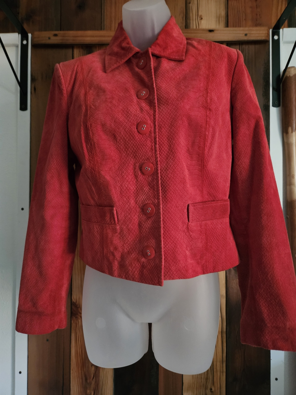 Bernardo Red Button-Front Textured Leather Jacket